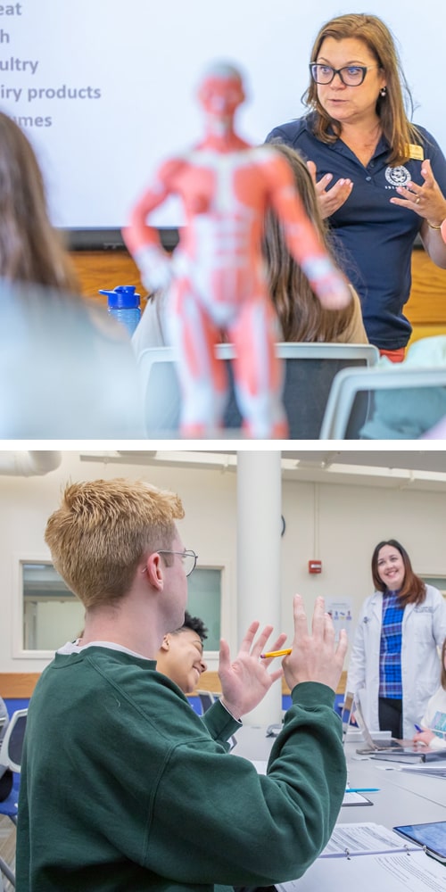 Closeup of a patient nutrition intake form (top) and classroom shot with male student (foreground) and female professor (background).