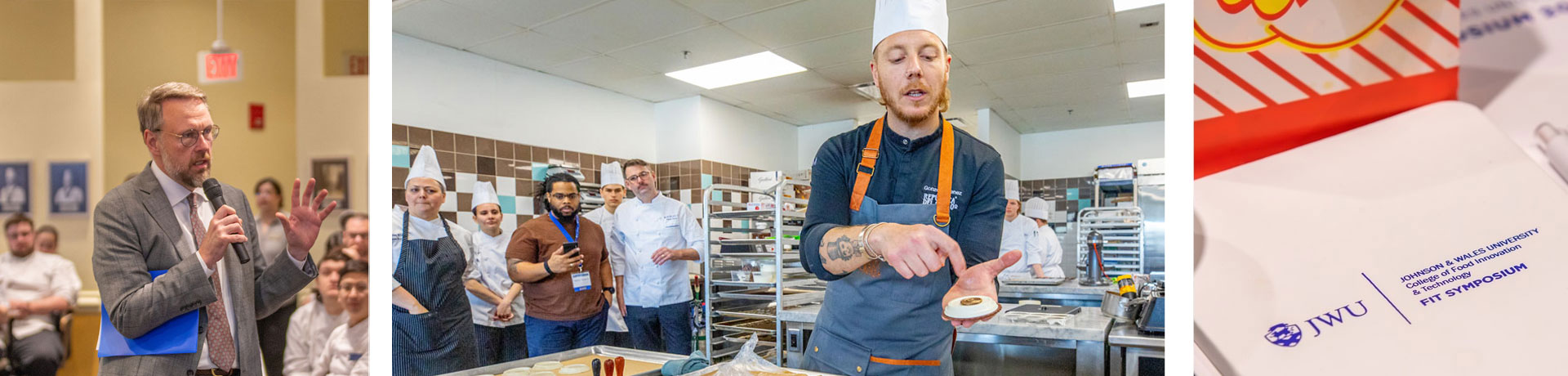 Scenes from the 2024 FIT Symposium: Dean Evans speaking to the attendees (left) and Gonzo Jimenez (center) leading a candy-making workshop. Right: FIT schedule.