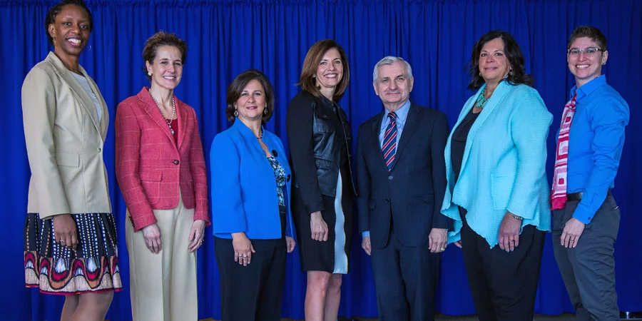 Nicole Alexander-Scott, MD, MPH (RI Department of Health); Woonsocket Mayor Lisa Baldelli-Hunt; RI Secretary of State Nellie Gorbea; JWU Providence Senior VP of Administration Marie Bernardo-Sousa, LPD, '92; US Senator Jack Reed; Daria Kreher + Jenn Steinfeld of the Women’s Fund of RI. Photo: Mike Cohea