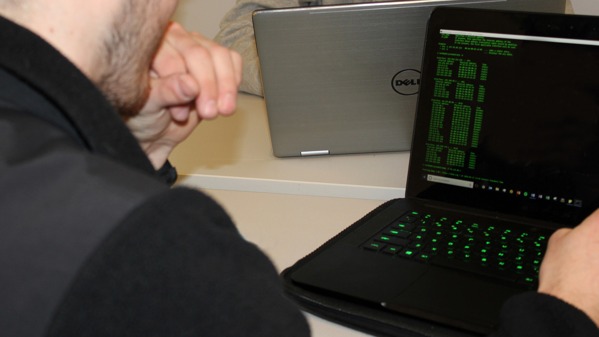 Cyber Threat Intelligence & Defense major Andrew Nilan ’20, works on a lab during the Introduction to Operating Systems class.