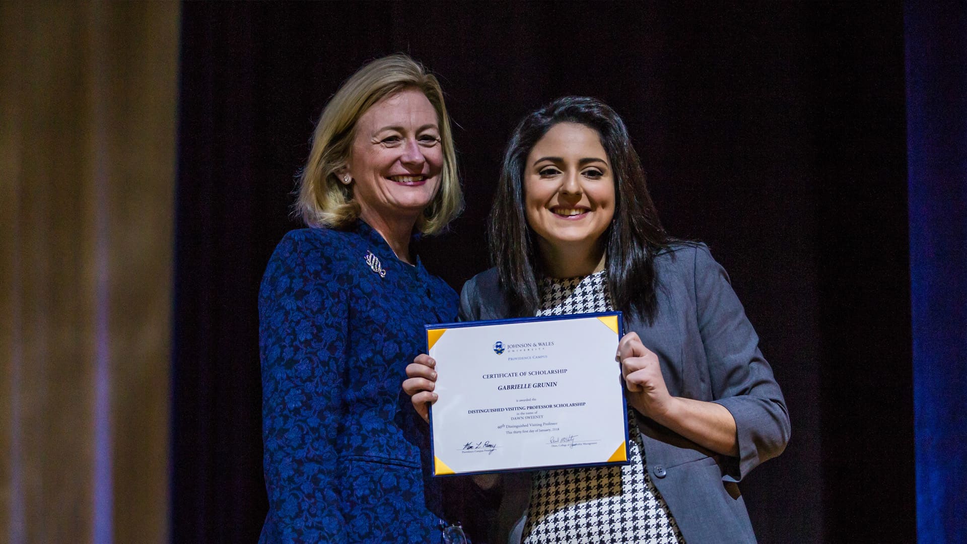 First-year student Gabrielle Grunin Awarded DVP Scholarship poses with Dawn Sweeney.