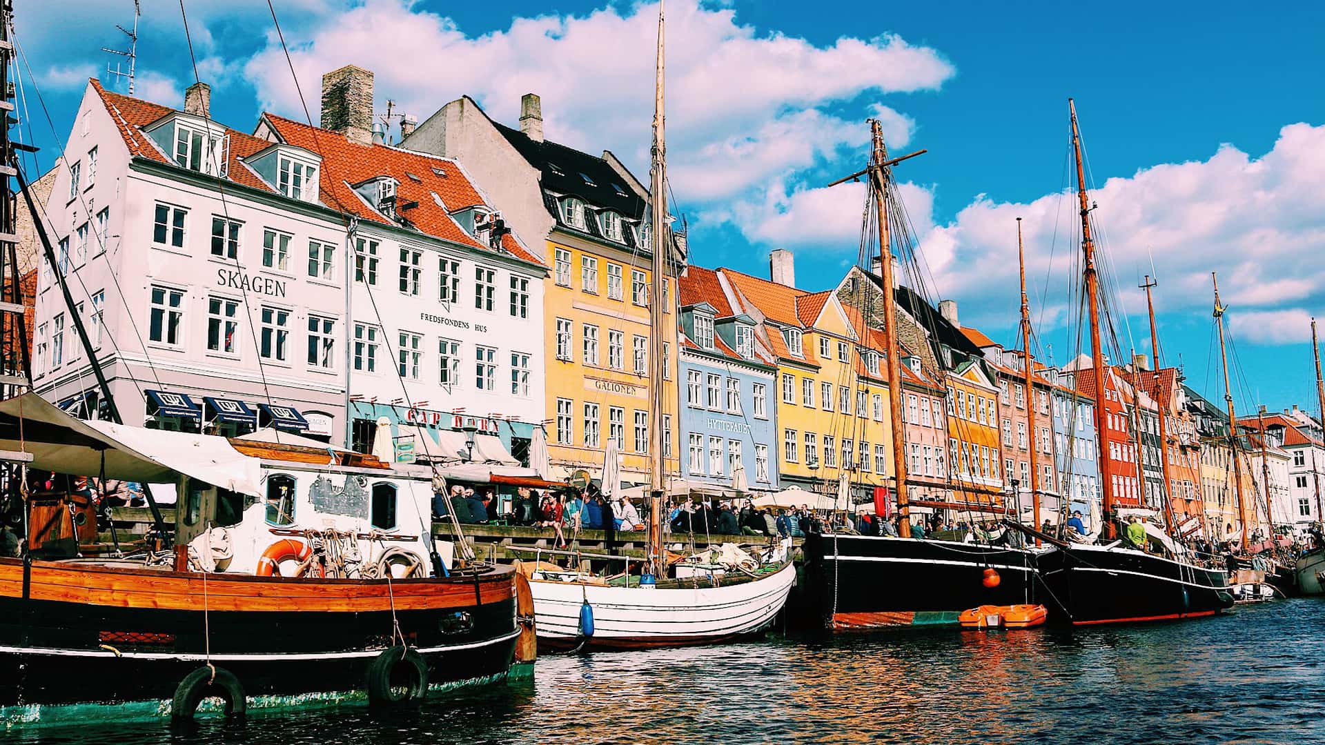 Waterfront with colorful houses, Skagen, Denmark.