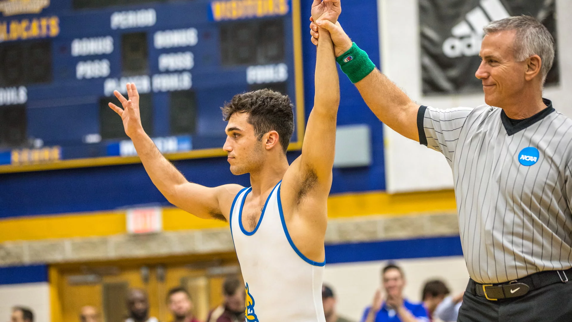 During the JWU NCAA wrestling victory.