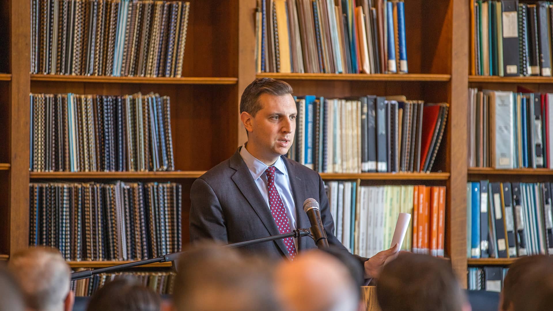 Rhode Island State Treasurer Seth Magaziner speaking to students.