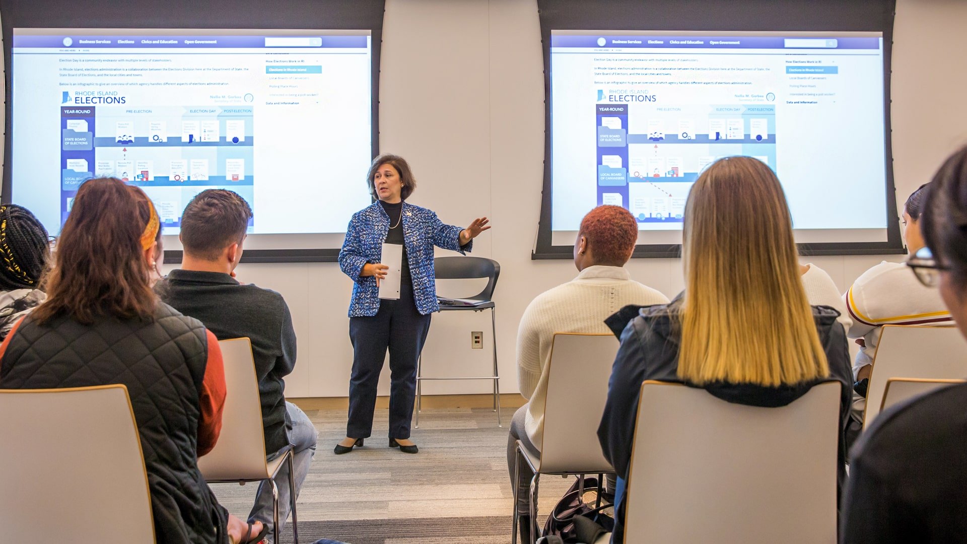 RI Secretary of State Gorbea speaking at JWU Providence