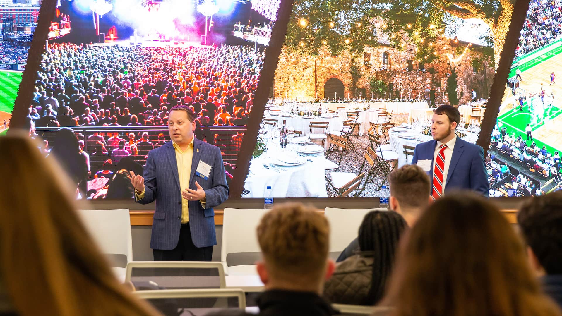 Rick Simone and Sean Banno speaking to Assistant Professor Elizabeth Panciera's class.