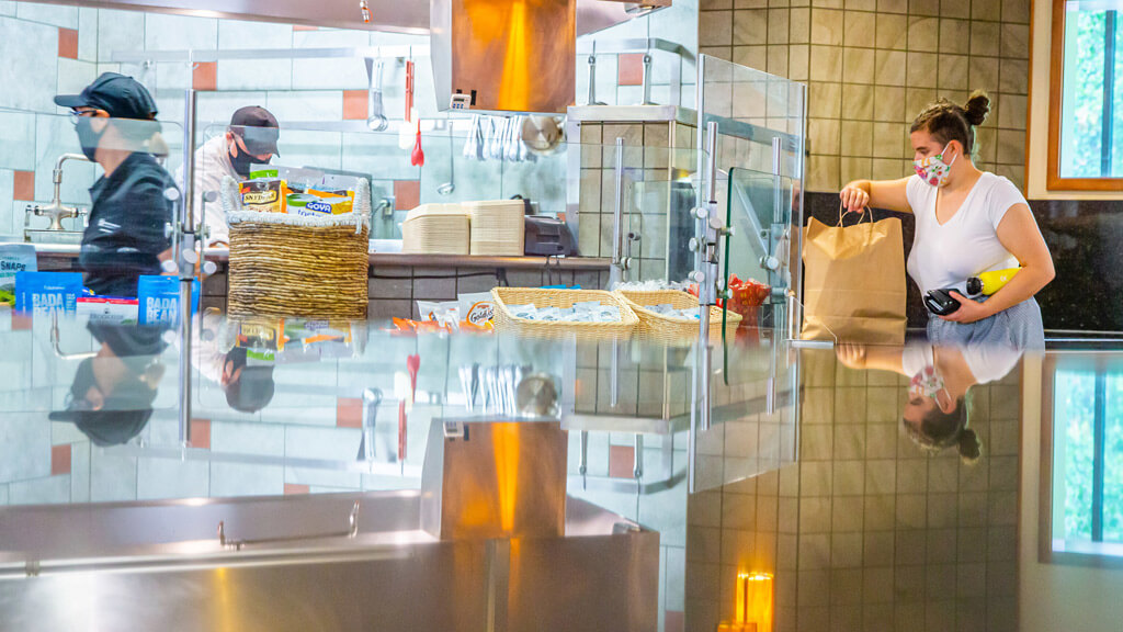 Campus dining facilities have been outfitted with plexiglass barriers to protect workers and customers