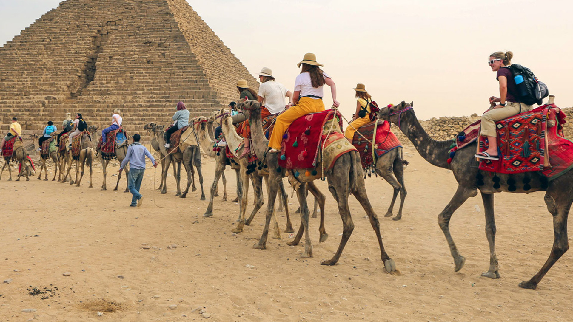 Associate Professor Tiffany Rhodes with students on camelback in Egypt.