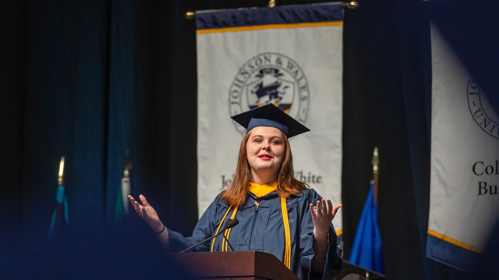 JWU Providence student speaker America Mason '22, College of Hospitality Management.