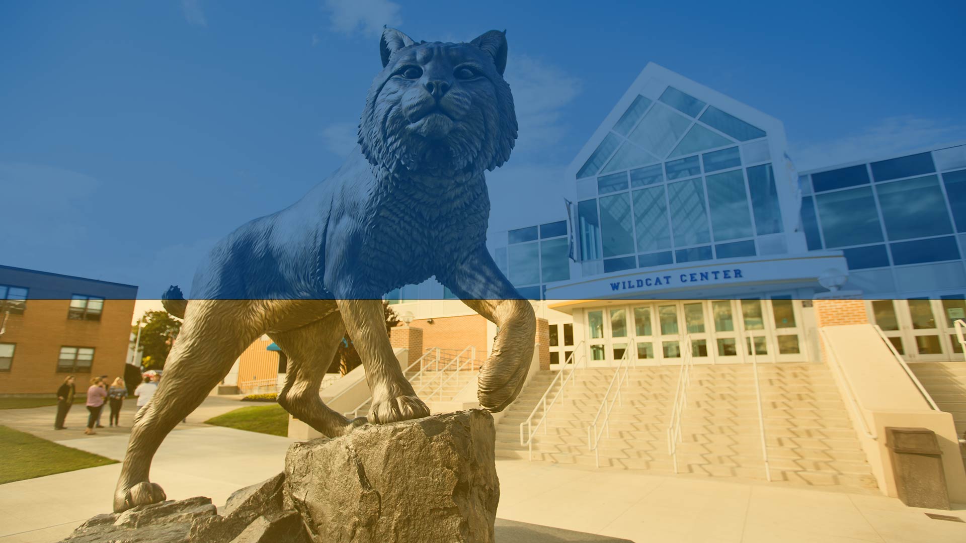 shades of blue and gold reminiscent of the Ukrainian flag overlay a statue of Willie the Wildcat on a JWU campus