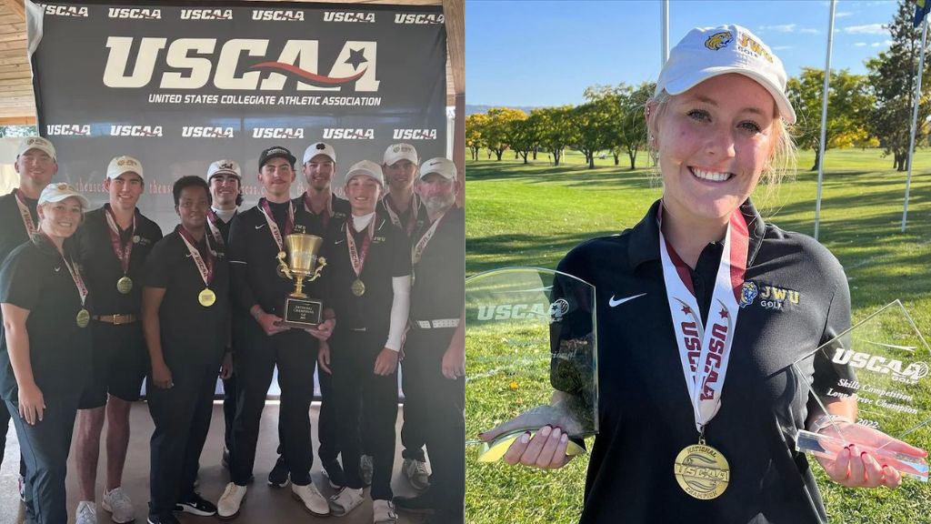 Collage of golf team and Michaela with award