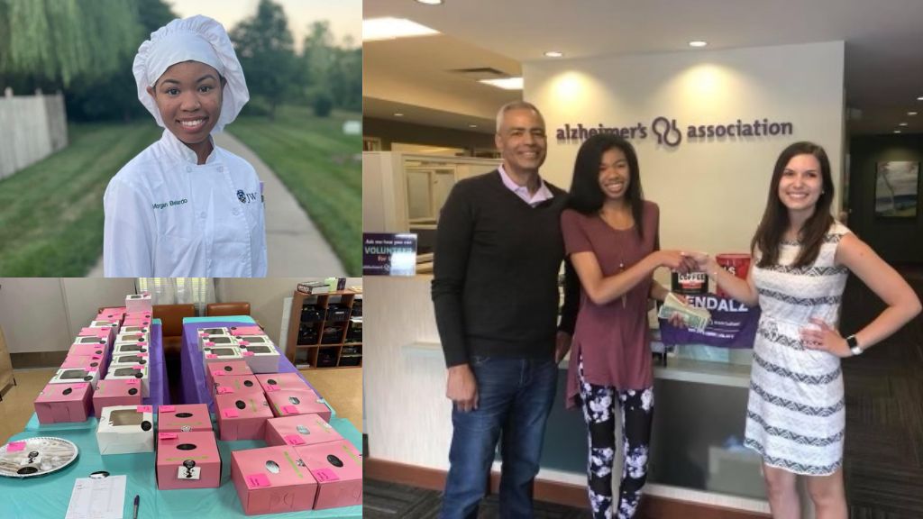 Collage of Morgan in a chef uniform, bake sale and handing over donation check