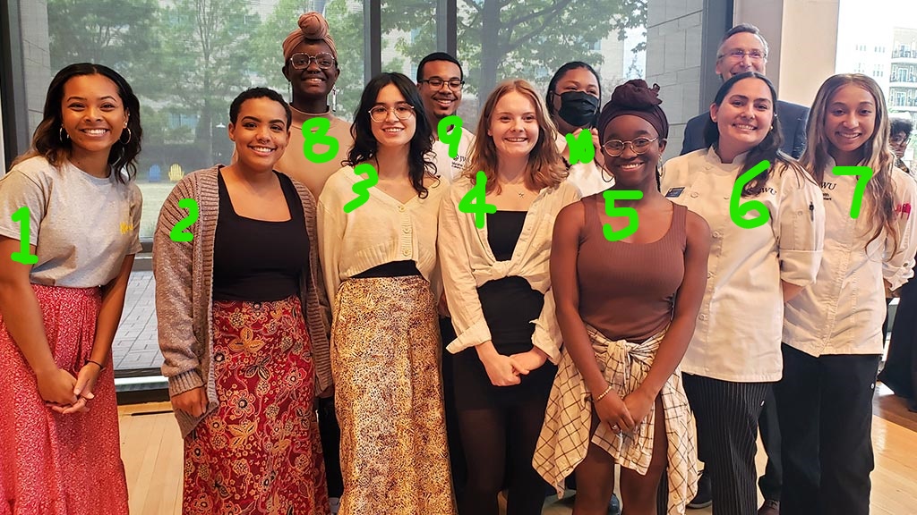 a group photo of the 10 smiling winners of JWU Charlotte's 2023 Student Research, Design & Innovation Symposium