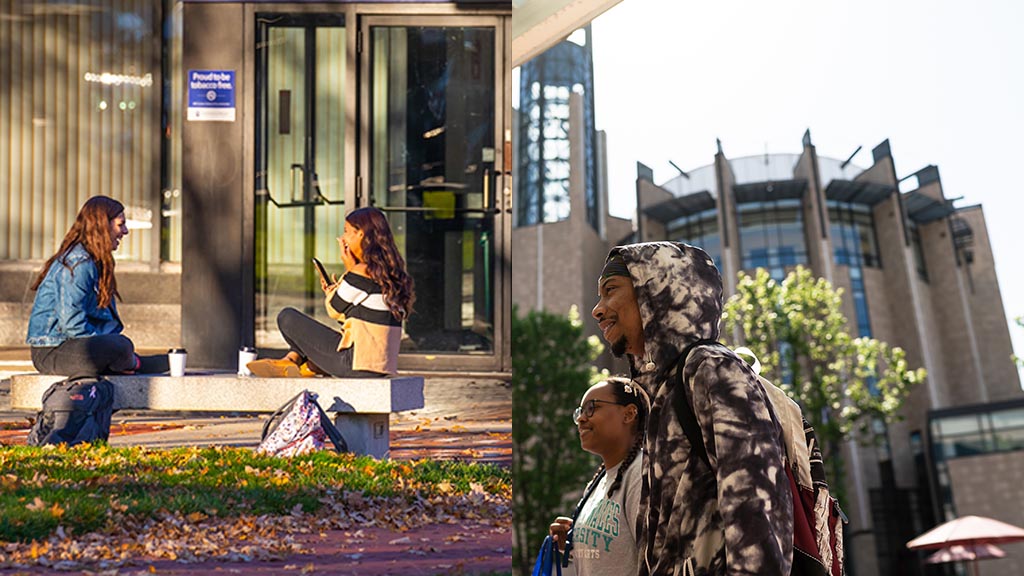 a photo collage showing pairs of students enjoying themselves on JWU's Providence Campus and Charlotte Campus