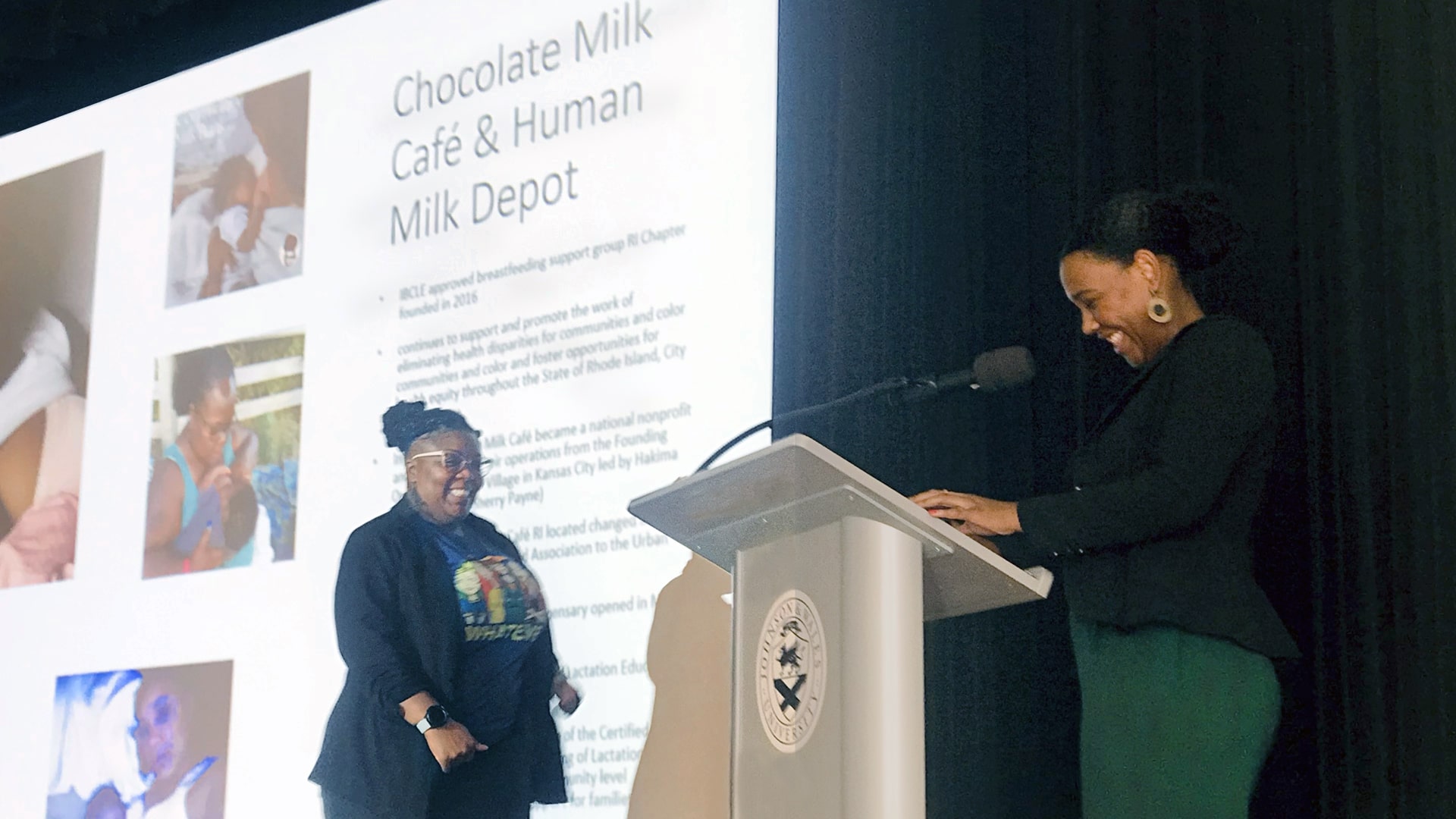 Quatia “Q” Osorio (left) and Kaitlyn Rabb discussing black maternal health in Rhode Island.