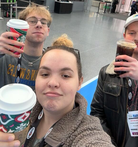 Ashley Cugno (center) and her JWU peers grab coffee before the New York Produce Show. 