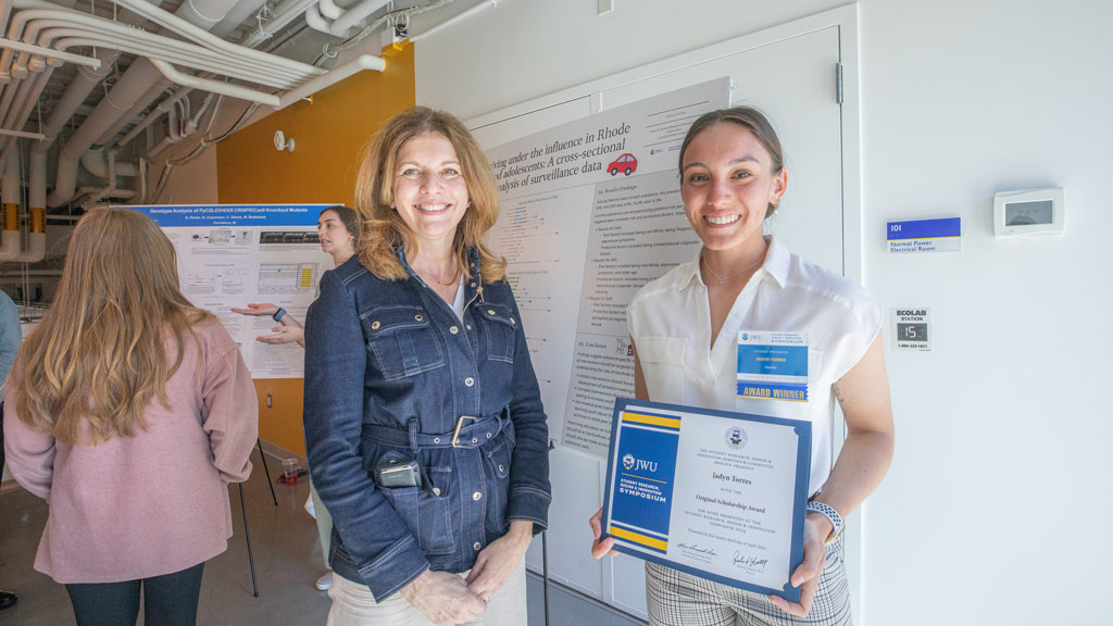 photo of Jadyn Torres ’26 with JWU Providence Campus President Marie Bernardo-Sousa