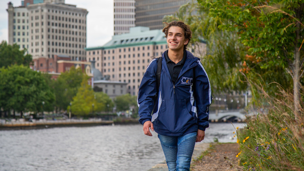 Taking a break in Downcity along the Providence River