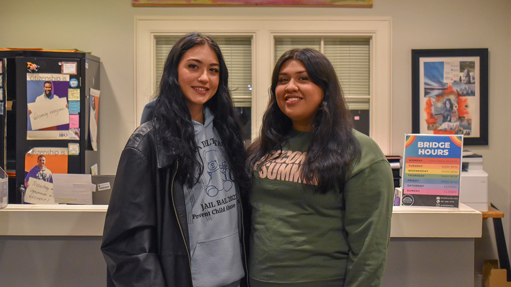 Student assistants Taytum and Denise at the Bridge