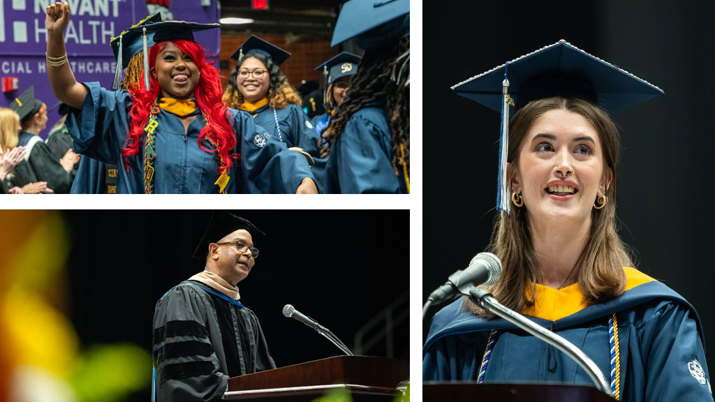 Collage of Charlotte Commencement moments, clockwise from top left: Jubilant grads, student speaker Savannah Riley '25 and keynote speaker Chip Wade '81, '06 Hon.