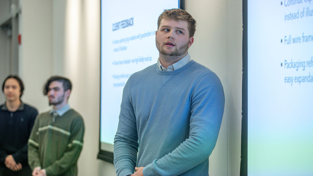 Design Students Tyler McShane ’26, Abram Kempner ’26 and Jacob Palumbo ’26 class=