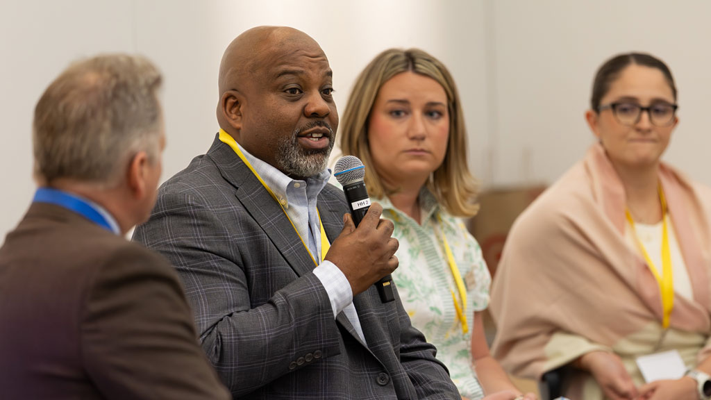 "Recruiter Ready" panel: Moderator Vaughn Hardin, director of special operations, LabWare and COHB Advisory Council Member; Reggie Thevenot, regional vice president at Sodexo; Alexa Giovanis '17, university relations recruiter at Compass Group USA; Dani DeCanio, Northeast recruiting manager, university relations and recruiting at Marriott International