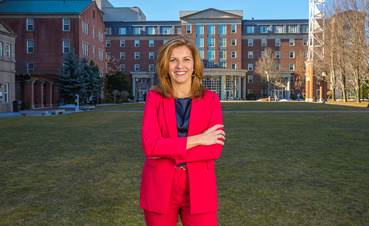 JWU Providence President Marie Bernardo Sousa  in front of Snowden Hall